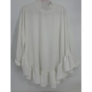 Refka Casual Off White Smocked Mock Neck Ruffle Hem Oversized‎ Blouse Sz 12